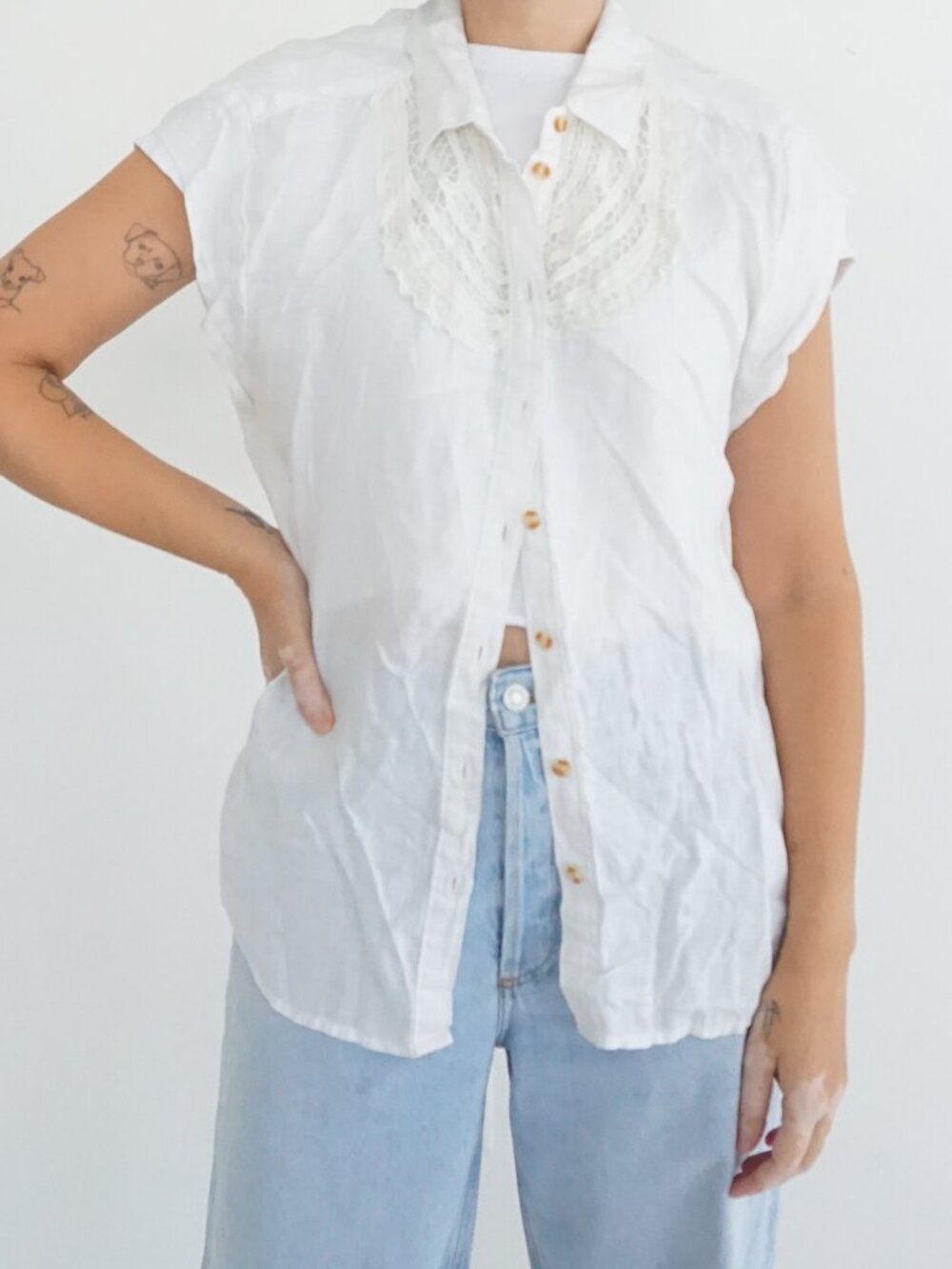 Maeve White Lace Bib Button Front Cottagecore Boho Linen Blouse Shirt M